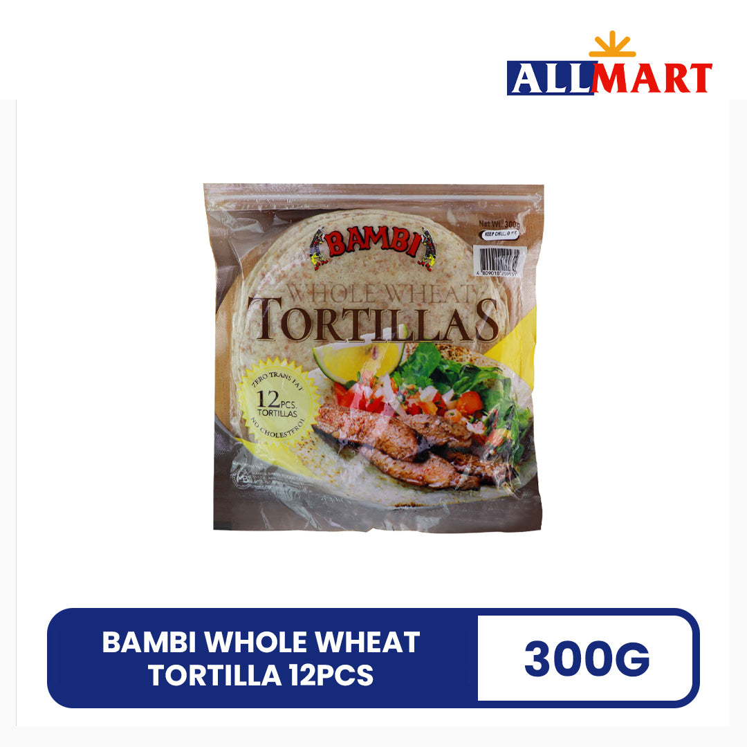 Bambi Whole Wheat Tortilla 300g pack of 12 – soft and healthy whole wheat tortillas for wraps, burritos, tacos, and quesadillas